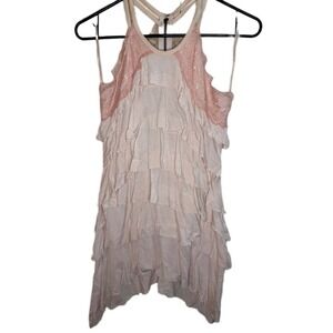 RARE Y2K FREE PEOPLE Vintage BOHO Tunic Tank Racerback Zip Lace Ruffle Pink